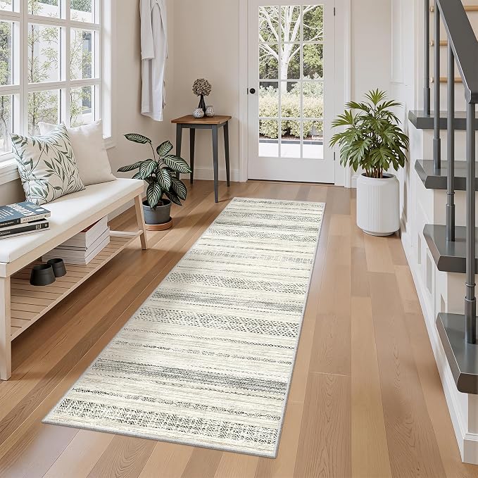 Miukiki 2x6 Hallway Runner Rug Moroccan Washable Kitchen Rug Non Slip Indoor Floor Kitchen Runner Rug Foldable Carpet for Bathroom Laundry Room with Low Pile(Grey,2'x6')