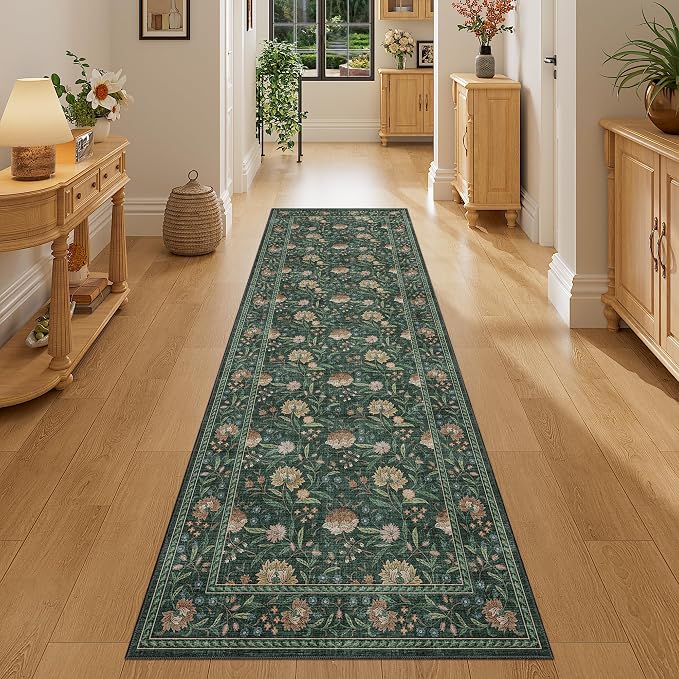 DUKINO 2x6 Runner Rug, Washable Vintage Floral Kitchen Rug, Green | Non Slip, Low Pile, Non-Shedding, Stain Resistant Soft Carpet Runner for Hallway Bathroom Entryway Bedroom Laundry Farmhouse