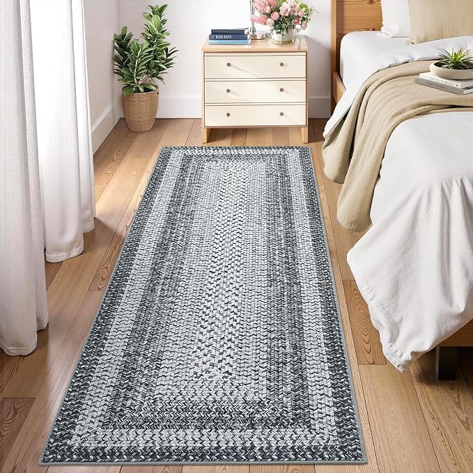 RUGSREAL Runner Rug 2x8 Machine Washable Hallway Rug Entryway Long Runner Carpet Braided Printed Throw Mat Non Slip Kitchen Runner Mat Living Room Rustic Carpet for Bedroom Dining Room, Grey