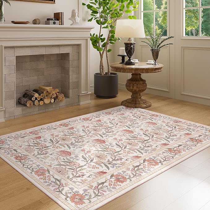 DUKINO 3x5 Rug Washable Vintage Floral Bedroom Area Rug Non Slip Beige Pink | Low Pile, Non-Shedding, Stain Resistant Boho Lightweight Soft Indoor Carpet for Bathroom Office Dining Living Room Farmhouse