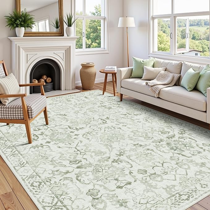 Deerly Sage Neutral Large Area Rug 9x12 for Living Room, Washable Rug for Dining Room Bedroom, Anti-Slip Low-Pile and Soft Accent Rug Farmhouse Office Home Decor Light Green
