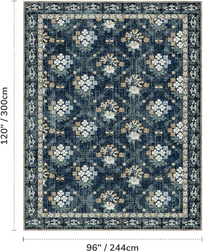 Lessymo Floral Living Room Rug 8x10 Area Rugs, Vintage Washable Rugs for Dining Room Bedroom, Low Pile Non Slip Rubber Mat, Distressed Indoor Boho Carpet, Navy/Beige