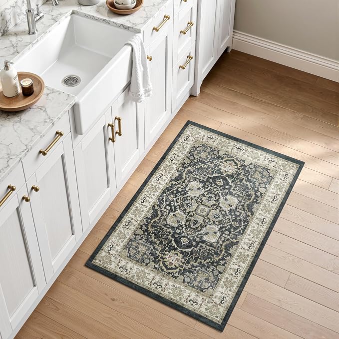 Washable Entryway Runner Rug - 2x3 Kitchen Rug Distressed Low Pile Mats Non Slip Soft Rugs for Dining Room with Rubber Backing Bedroom Runner with Vintage Design (Black 2x3)