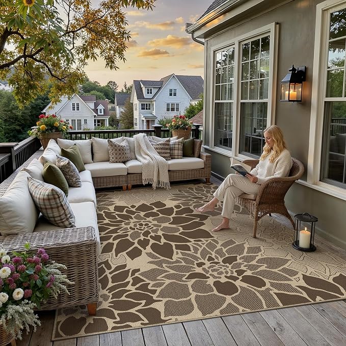 PureCozy 9x12 Easy Jute Outdoor Rug Brown Floral Textured Indoor Outdoor Area Rug Farmhouse Patio Carpet for Backyard, Patio, Porch, Easy-Cleaning, High Traffic, Pet-Friendly, Non-Shedding