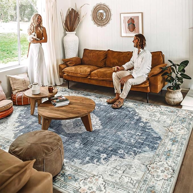 MUJOO 8x10 Area Rugs Washable Boho Rug Non Slip Low-Pile Floral Large | Machine Washable Throw Carpet for Living Room Bedroom Dining Room Boho Soft Floor Indoor Abstract Flowers Blue and Grey