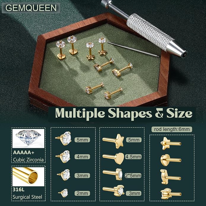 GEMQUEEN Reversible Flat Back Earrings Studs Hypoallergenic - 14K Gold Filled Surgical Steel Earring 18G Cartilage Helix Tragus Conch Piercing Jewelry Extended Internal Thread Earrings for Women Men