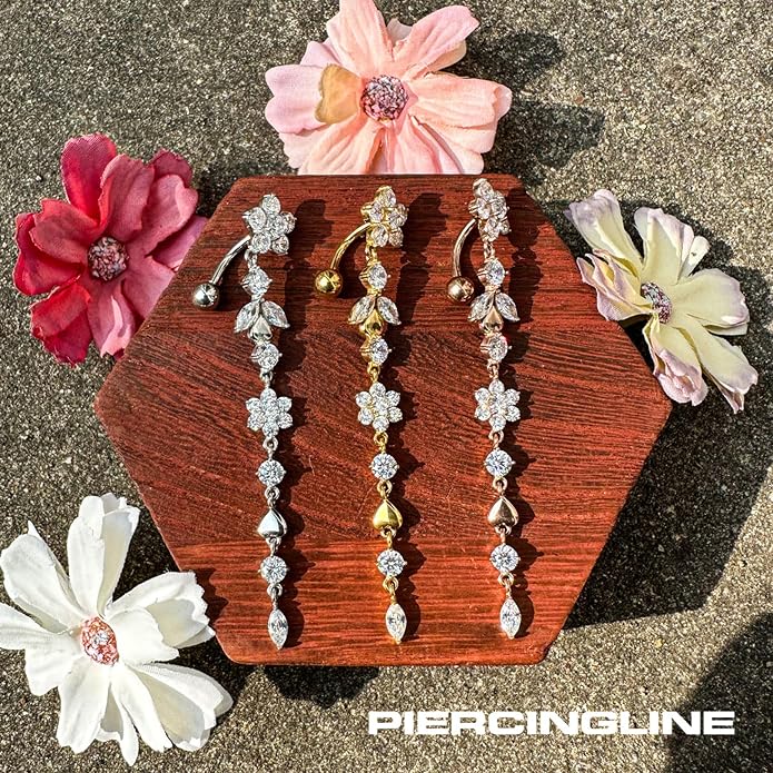 PIERCINGLINE surgical steel dangle belly button piercing with flower tendril - belly button ring surgical steel, gold, silver, rosegold piercing - new version with improved durability