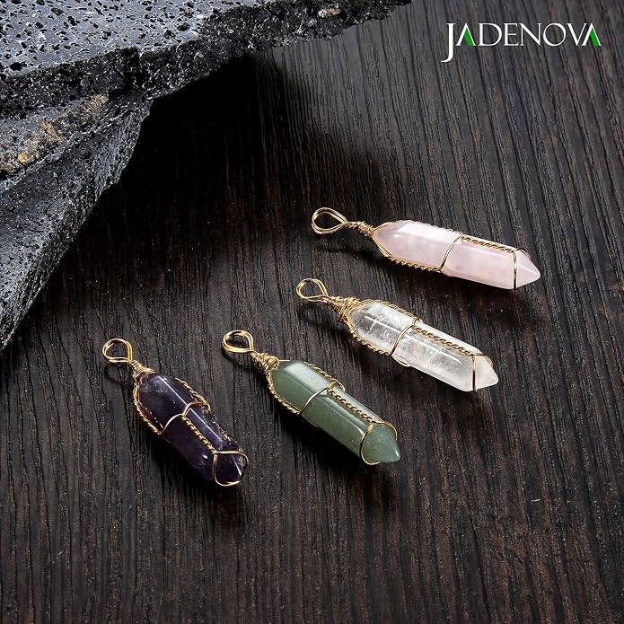 JADENOVA Full Wire Wrapped Energy Healing Crystal Gemstone Pendant Necklace 18" Stainless Steel Chain