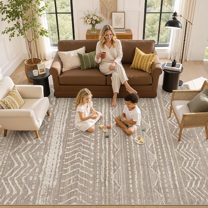 Nakagishi Area Rug Living Room Rugs: 11x14 Large Soft Machine Washable Boho Moroccan FarmNeutral Stain Resistant Indoor Floor Carpet for Bedroom Under Dining Table Home Office Decor-Dark Brown