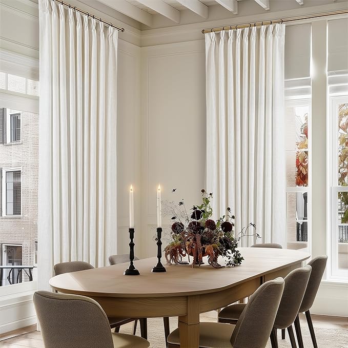 TWODRAPES Natural Pinch Pleated Linen Curtains 1 Panel for Living Room Bedroom Memory Training Shaped Semi Sheer Pleat Drapes with Hooks Rings Light Filtering Window Curtain 60x108