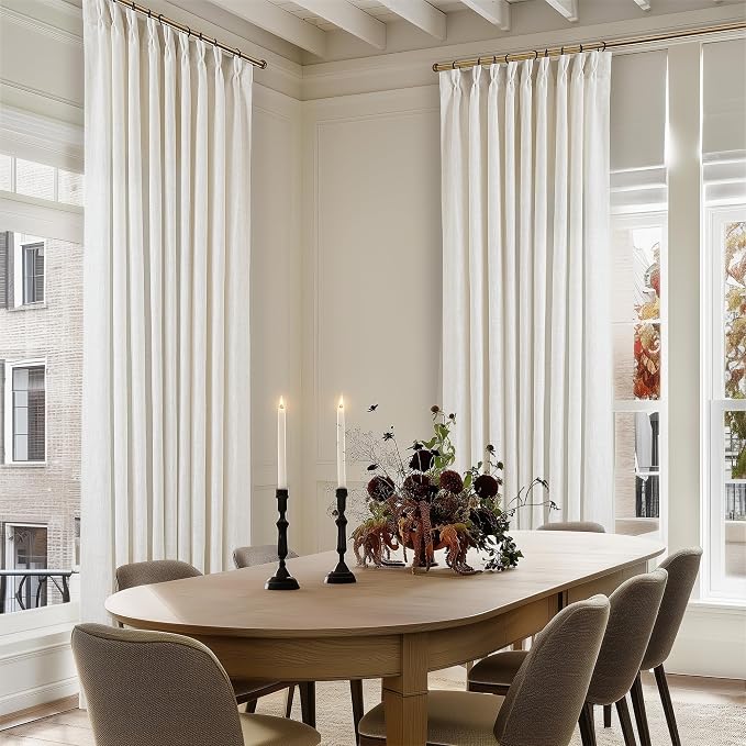 60 Inch Width Curtains 92 Inches Long Linen Pinch Pleated Curtains for Living Room Bedroom Semi Sheer Back Tab Hooks Rings Extra Wide Pinch Pleat Drapes for Patio Glass Door Natural Cream 1 Panel