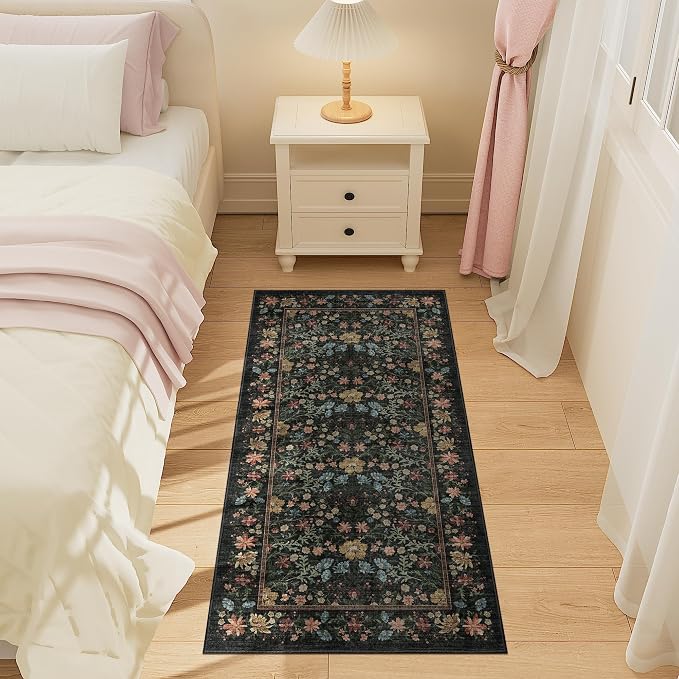 DUKINO 2x4 Rug, Washable Vintage Floral Bathroom Runner Rug, Black | Non Slip, Low Pile, Stain Resistant, Aesthetic Lightweight Soft Indoor Carpet for Kitchen Entryway Hallway Bathroom Bedroom