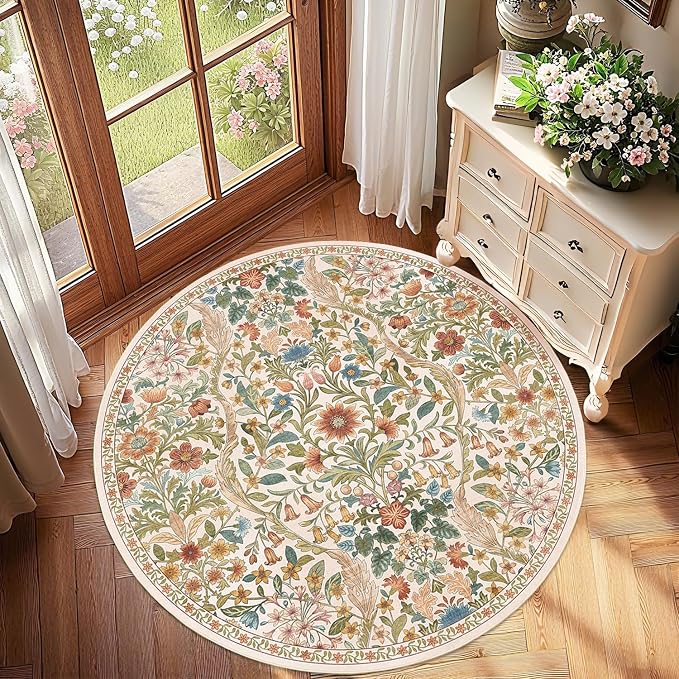 Round Rug 4ft Colorful Beige Washable Floral Circle Rug,Vintage Boho Botanical Round Area Rugs, Non-Slip Soft Low-Pile Circular Carpet for Bedroom,Kids Room,College Dorm,Home Decor