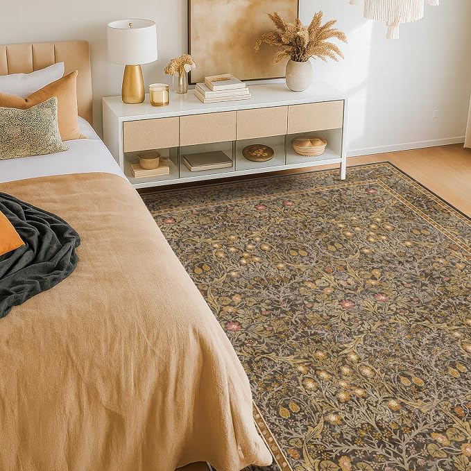 Washable Brown Oriental 5x8 Area Rug for Living Room, Dining Room, Low Pile Non-Slip Floor Carpet for Bedroom - Vintage Floral Design & Stain Resistance
