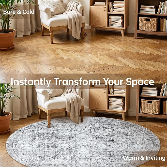 Sasttie Round Rugs 6ft, Ultra-Soft Washable Circle Rug, Low Pile Foldable Thin rugs with Non-Slip Backing, Skin-Friendly Stain Resistant Carpet for Living Room, Bedroom, Kitchen, Dorm, 6ft, Light Grey