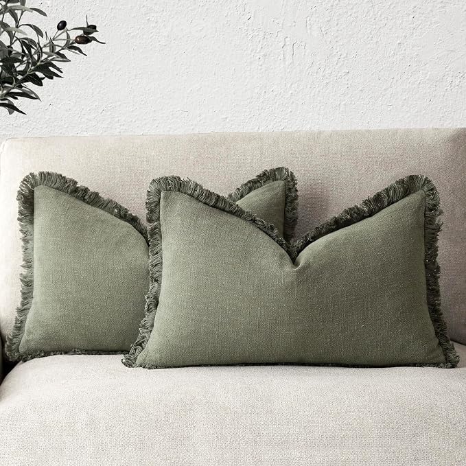 Foindtower Set of 2 Decorative Linen Fringe Lumbar Throw Pillow Covers Boho Farmhouse Cushion Cover with Tassels Soft Accent Pillowcase for Couch Sofa Bed Living Room Home Decor,12×20 Inch,Olive Green