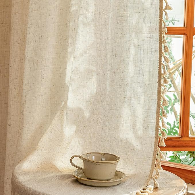 MYSKY HOME Linen Sheer Curtains 63 Inch Length for Small Windows,Light Filtering Privacy Protect Drapes Set with Macrame, Back Tab Boho Style Farmhouse Home Decor, 50" x 63", 2 Panels