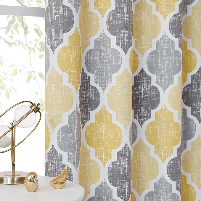 Beauoop Moroccan 100% Blackout Curtains Bedroom Yellow Grey 50x54 2 Panels | Geometric Room Darkening Drapes for Living Room 54 Inch Long Thermal Insulated Soundproof Lattice Window Treatment Grommet