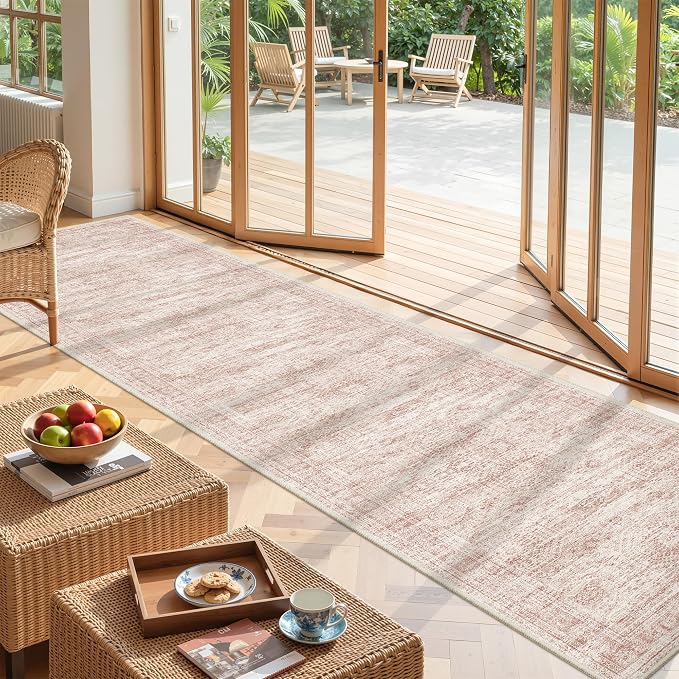 2x10 Runner Rug Non Slip,Washable Hallway Runner Rug,Pink | Long Neutral Rugs for Kitchen,Entryway,Bedroom,Bathroom,Laundry Room,Thin,Soft Runner Rug,Stain Resistant Indoor Carpet