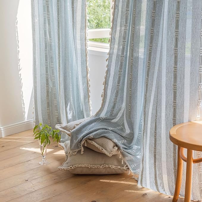 Boho Embroidery Striped Farmhouse Curtains - 96 Inch Long, 2 Panel Set, Blue Linen, Tassel, Semi-Blackout, Living Room (52" W x 96" L)