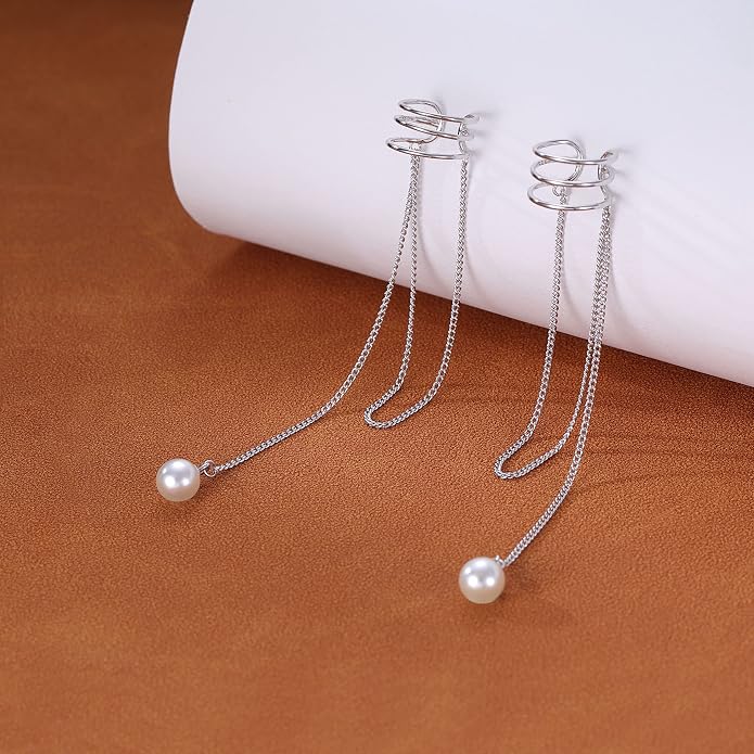 SLUYNZ 925 Sterling Silver No Piercing Cuff Earrings Chain for Women Wrap Earrings Pearl Tassel Clip On Ear