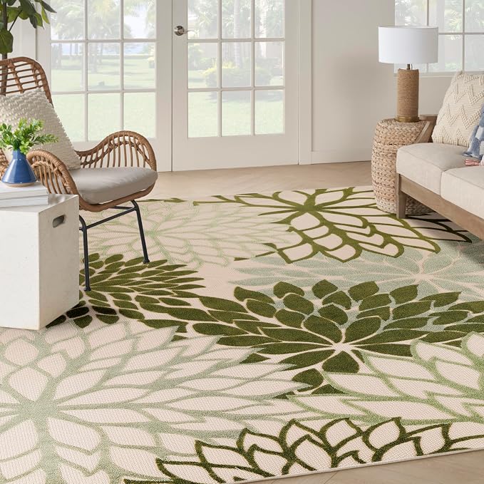 Nourison Home Aloha Indoor-Outdoor Ivory Green 10' x 14' Area Rug, Easy Cleaning, Non Shedding, Bed Room, Living Room, Dining Room, Backyard, Patio, Deck (10x14)