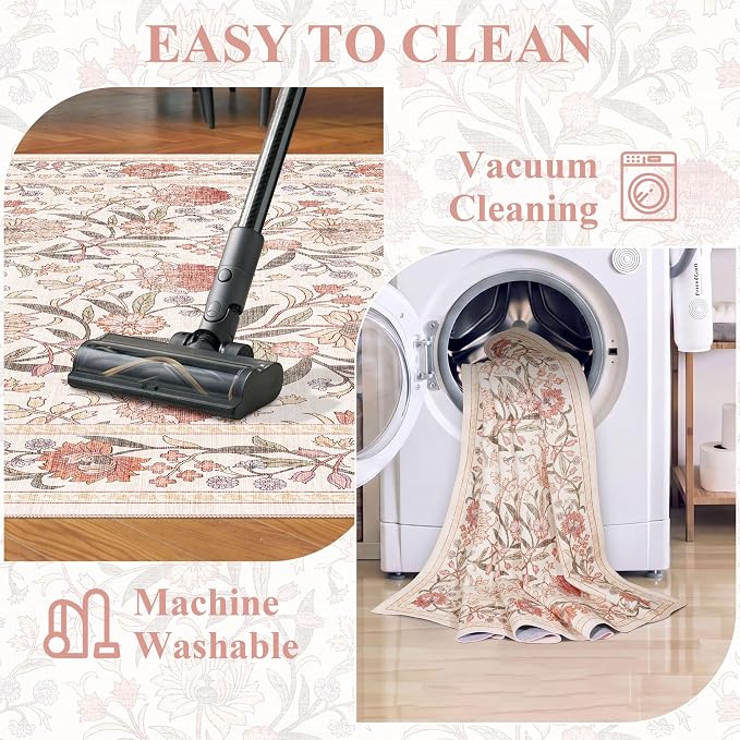 DUKINO 4x6 Area Rug, Washable Vintage Floral Rug for Living Room Beige Pink | Non Slip, Low Pile, Stain Resistant Boho Lightweight Soft Indoor Carpet for Bedroom Office Dining Room Entryway Farmhouse