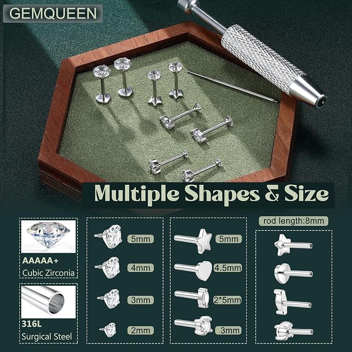 GEMQUEEN Reversible Flat Back Earrings Studs Hypoallergenic - 14K Gold Filled Surgical Steel Earring 18G Cartilage Helix Tragus Conch Piercing Jewelry Extended Internal Thread Earrings for Women Men