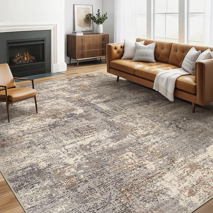 5x7 Area Rugs Living Room: Washable Large Abstract Neutral Modern Soft Rug Stain Resistant Indoor Floor Non-Slip Accent Carpet for Bedroom Nursery Playroom Dining Room Office Home- Sand Brown Black