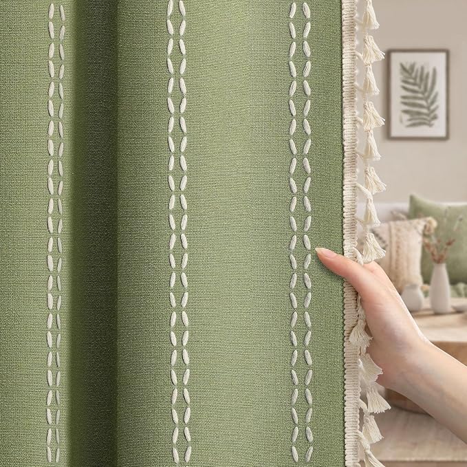 Olive Green Boho Blackout Curtains 2 Panels 84 Inch for Living Room Bedroom, Linen Texture Farmhouse Curtains with Tassels and White Cotton Embroidery Vintage Rustic Country Western