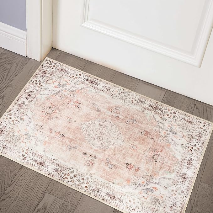 MUJOO Pink Area Rug Small Washable Rugs Non Slip Low-Pile 2'x3' Flowers | Machine Washable Throw Carpet for Entryway Kitchen Bathroom Bedroom Boho Soft Indoor Vintage Floral Light Blush