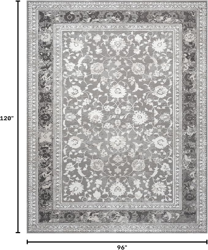 Amber Traditional Floral Area Rug for Living Room, 8x10 Vintage Persian-Inspired Large Gray Rug, Medium Pile Stain Resistant Carpet for Bedroom, Dining Room or Kitchen (8' x 10', Gray)