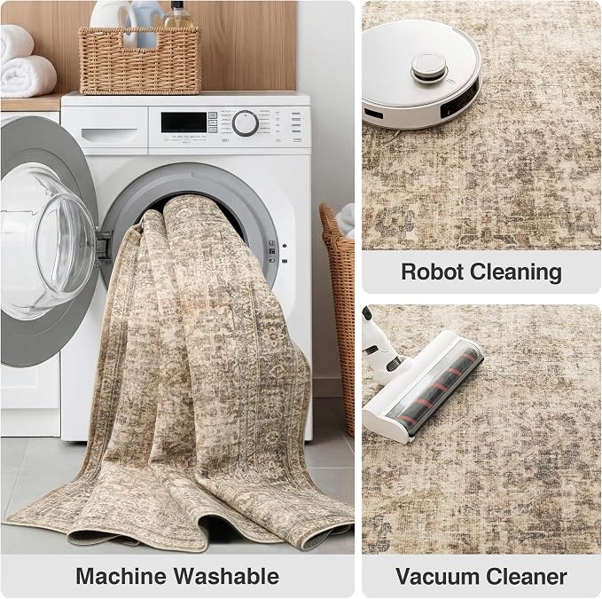 FMFUNCTEX 2x6 Hallway Runner Rug Brown Neutral Vintage Washable Distressed Non Slip Low Pile Oriental Indoor Carpet Soft Retro Entryway Rug for Kitchen Laundry Entrance Entry Living Room Bedroom