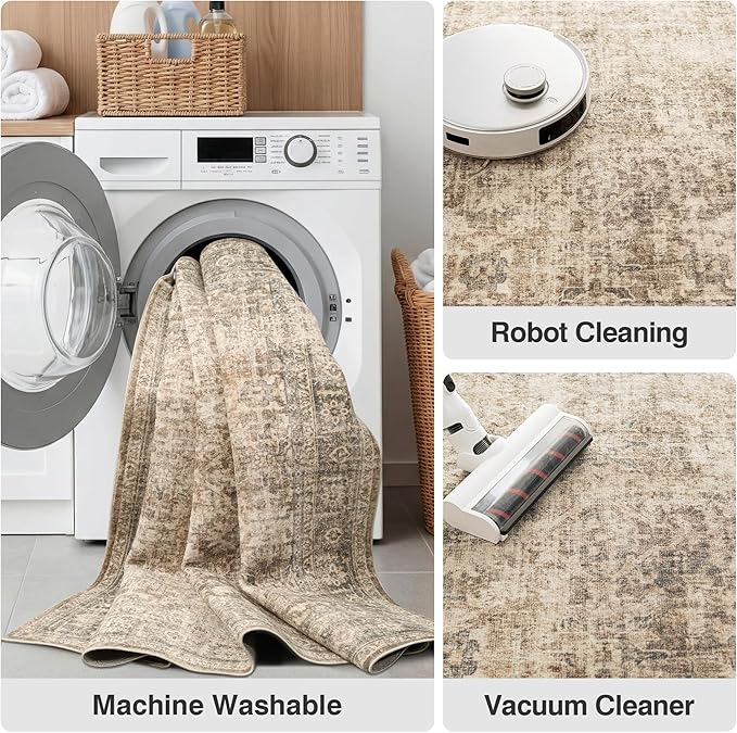 FMFUNCTEX 6x9 Washable Area Rug Brown Neutral Vintage Distressed Oriental Large Non Slip Carpet for Living Room Bedroom Traditional Retro Soft Low Pile Indoor Rugs for Dining Room Office Nursery