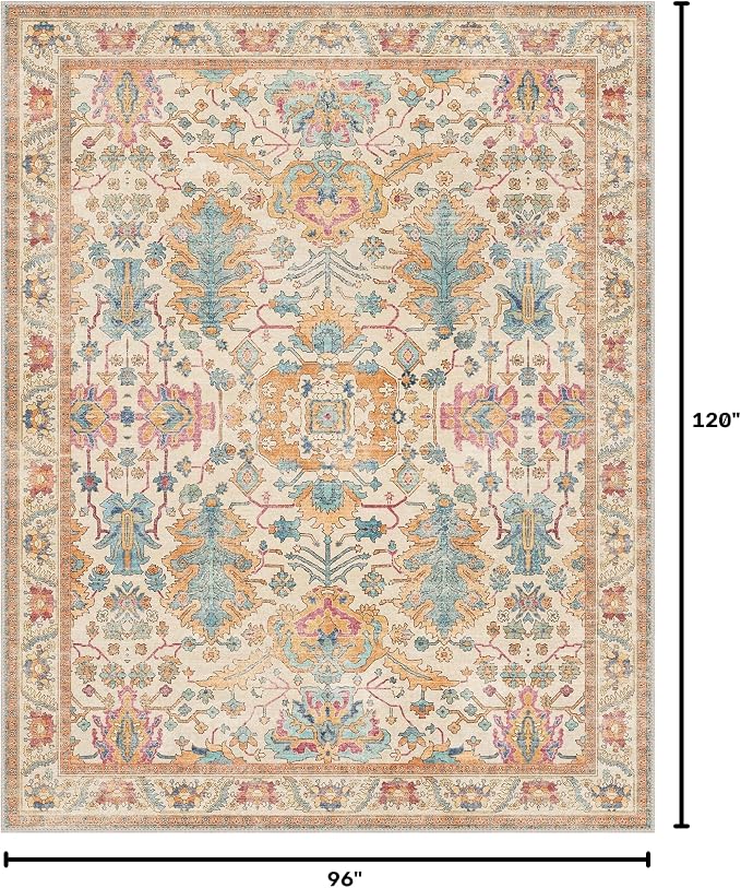 Area Rugs 8x10 Clearance Washable Boho Rug for Bedroom Living Room, Non Slip Thin Low Pile Chenille Carpet for Dining Room,Vintage Farmhouse, Turmeric