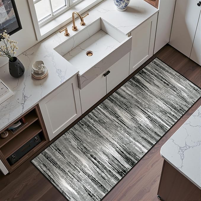 2x6 Runner Rug Non Slip,Washable Hallway Runner Rug,Black | Neutral Rugs for Kitchen,Entryway,Bedroom,Bathroom,Nursery Room,Thin,Soft Runner Rug,Stain Resistant Indoor Carpet