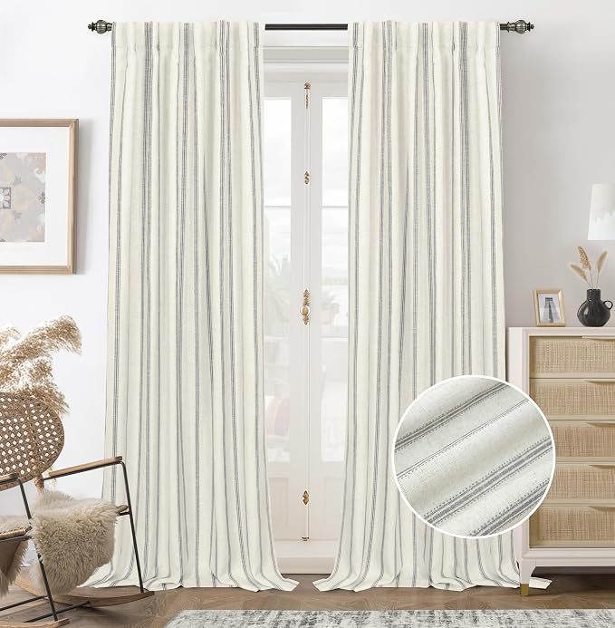 DriftAway Farmhouse Stripe Blackout Curtains, W52xL102, Gray | Blackout, Linen Texture, Stripe Pattern, Rod Pocket & Back Tab, Two Layers, Bedroom Living Room Use, Sound Reducing Design