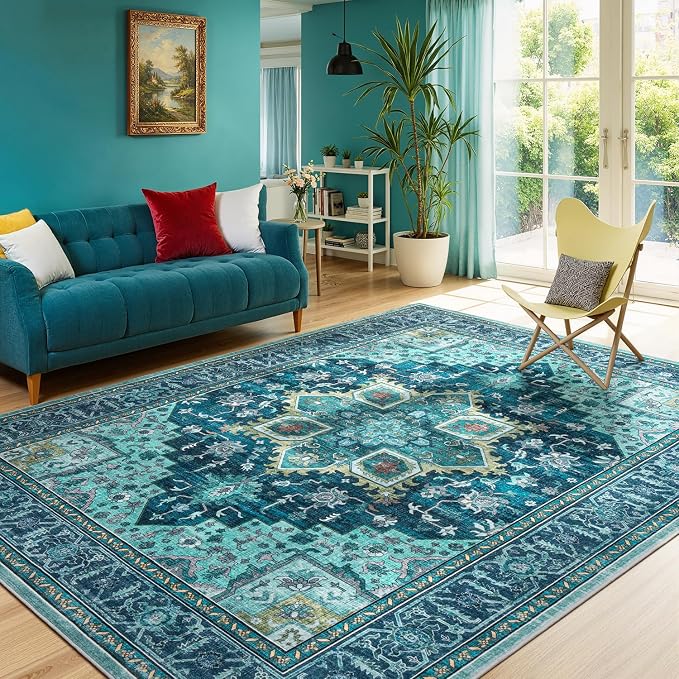 5x7 Turquoise Area Rugs for Living Room - Vintage Teal Green Boho Medallion Aesthetic Distressed Washable Rug, Soft Non-Slip Backing Low Pile Carpet for Office, Lounge, Bedroom Foot of Bed