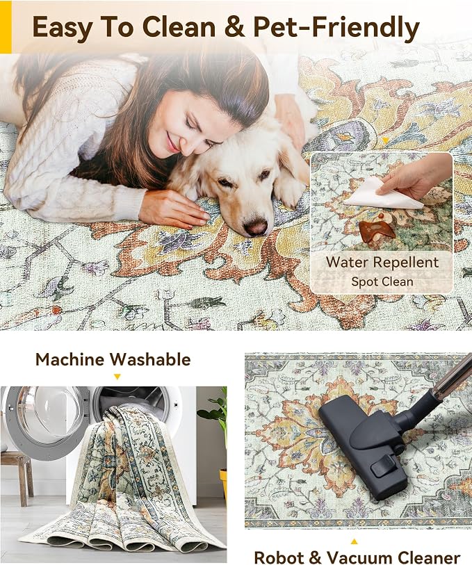 RELEANY Area Rugs Square 10ft Washable Non-Slip, Floral Vintage Distress Medallion Carpet for Living Room Bedroom Dining Room, Beige Carbon Grey Orange