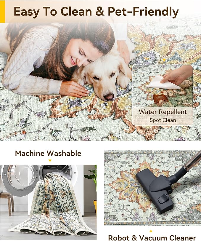 RELEANY Area Rugs Square 4ft Washable Non-Slip, Floral Vintage Distress Medallion Carpet for Living Room Bedroom Dining Room, Beige Carbon Grey Orange