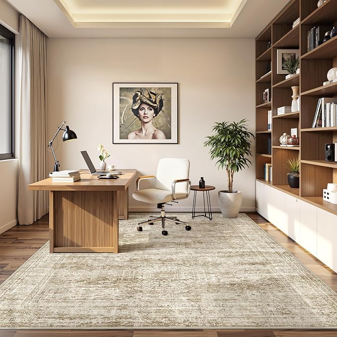6x9 Area Rugs for Living Room,Large Washable Rug,Brown | Rugs for Bedroom,Dining Room,Office,Low Pile,Soft, Neutral Rug,Stain Resistant Indoor Carpet,Non Slip,Home Decor