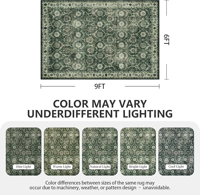 Living Room Rug 6x9, Soft Non Slip Low Pile Washable Rug, Boho Modern Area Rug for Bedroom, Dining Room, Sage Green
