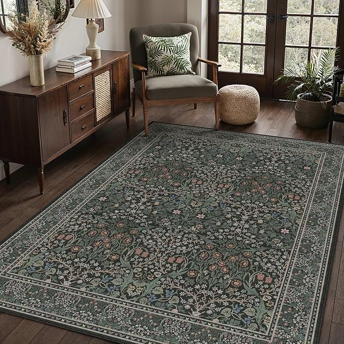 HUGEAR Vintage Floral Machine Washable 5x7 Area Rugs Black Green Living Room Bedroom Rug Retro Neutral Stain Resistant Non Slip Low Pile Throw Carpet for Office Dining Aesthetic Modern Decor