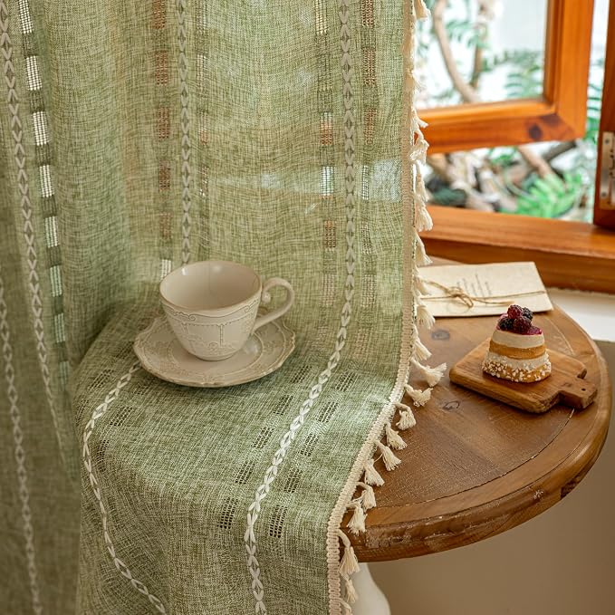 Sage Green Boho 96 inch Curtains 2 Panel Set for Living Room Dining room Floor to Ceiling , Light Filtering Tassels Privacy Country Vintage Christmas Bohemian Stripes Window Treatment Back Tab, 50"W