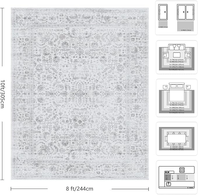 8x10 Area Rugs for Living Room, Washable Vintage Retro Floral Rug, Low Pile Non Slip Distressed Large Carpet for Bedroom, Dining Room, Office, Home (Grey)