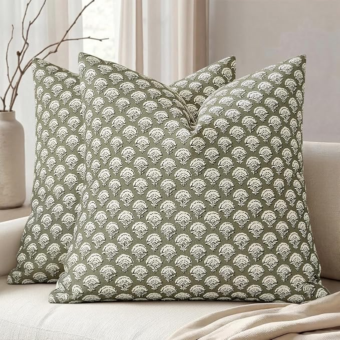 MIULEE Set of 2 Decorative Floral Pillow Covers Neutral Vintage Throw Pillows Block Print Boho Farmhouse Cushion Covers for Modern Spring Home Decor Couch Sofa Bed Living Room, 20x20 Inch, Sage Green