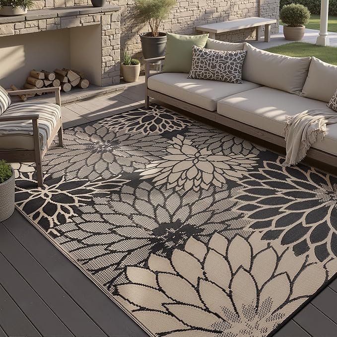 HUGEAR 5'x8' Outdoor Rug Waterproof Plastic Straw Rugs Brown Reversible Floral Mat Floor Carpet for Camping RV Deck Entryance Porch Picnic Balcony Beach Backyard