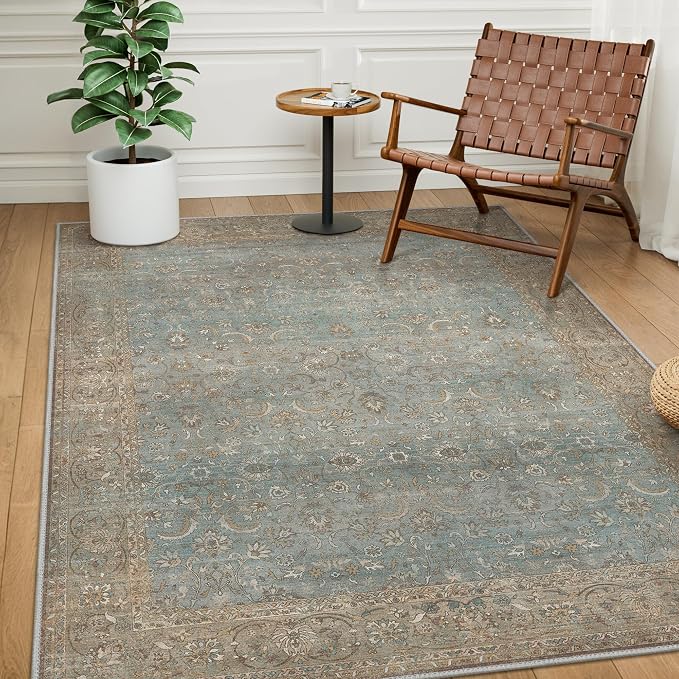 BESBLEE 8X10 Area Rugs Machine Washable Rugs for Living Room, Vintage Boho Large Rugs for Bedroom Dining Room, Non Slip Indoor Soft Distressed Lightweight Thin Low Pile Carpet, Weathered Teal