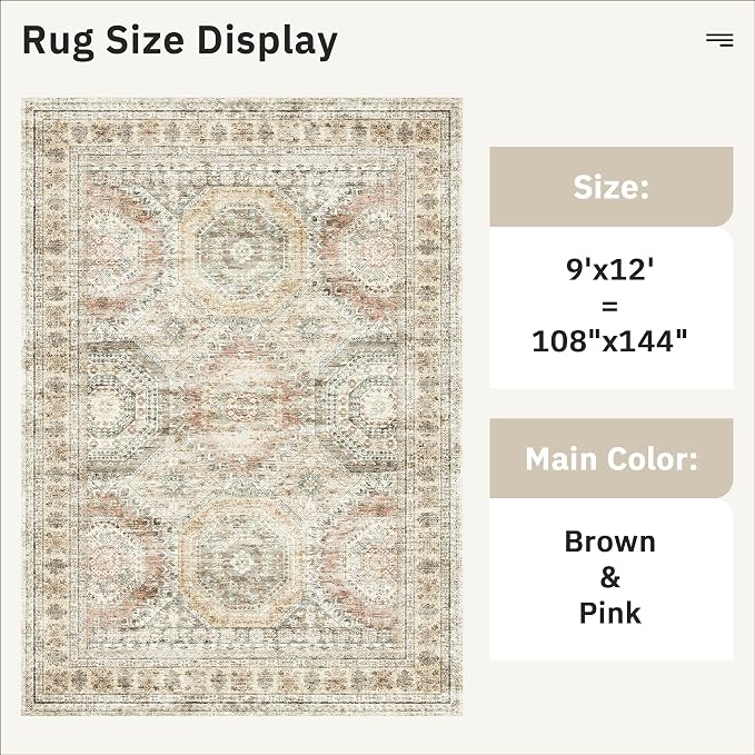 Soalmost 9x12 Area Rugs for Living Room, Non Slip Machine Washable Vintage Rugs, Low Pile Lightweight Large Rug for Bedroom, Dining Room, Home Office Brown Pink