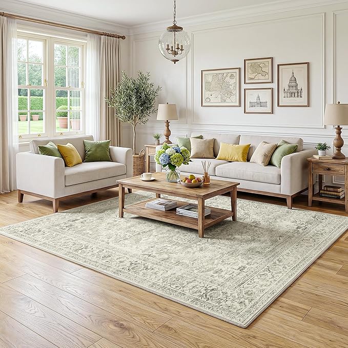 FMFUNCTEX 5x7 Washable Area Rug Neutral Green Distressed Vintage Non Slip Low Pile Traditional Indoor Carpet for Living Room Bedroom Soft Retro Mat Throw Rug for Dining Office Kitchen Dorm Entryway